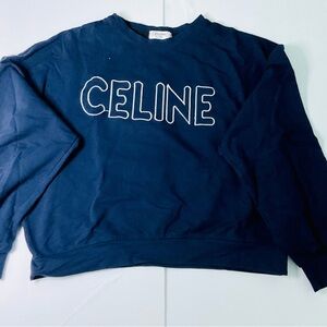 Celine Navy Oversized Logo Sweatshirt White Outline Cropped Fit